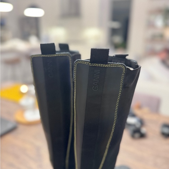 Ganni black leather yellow stitch knee high chelsea boot size 6 - Picture 5 of 13